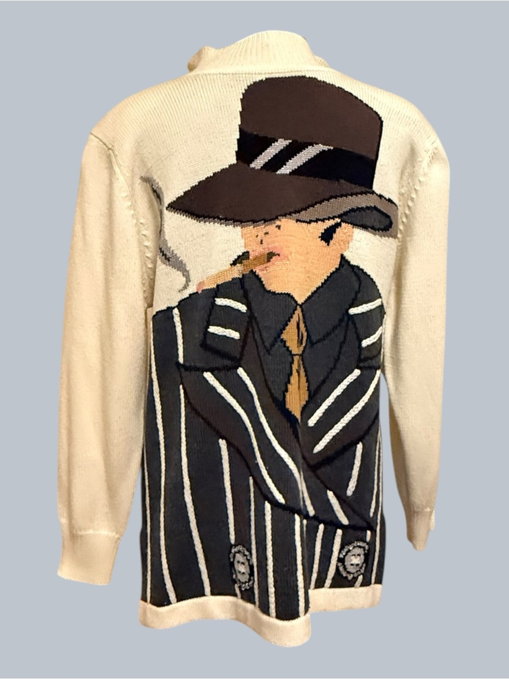 Vintage Cream Novelty V-Neck Knitted Sweater Gangster Graphic